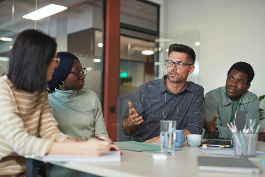 Employees having a discussion.