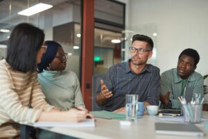 Employees having a discussion.